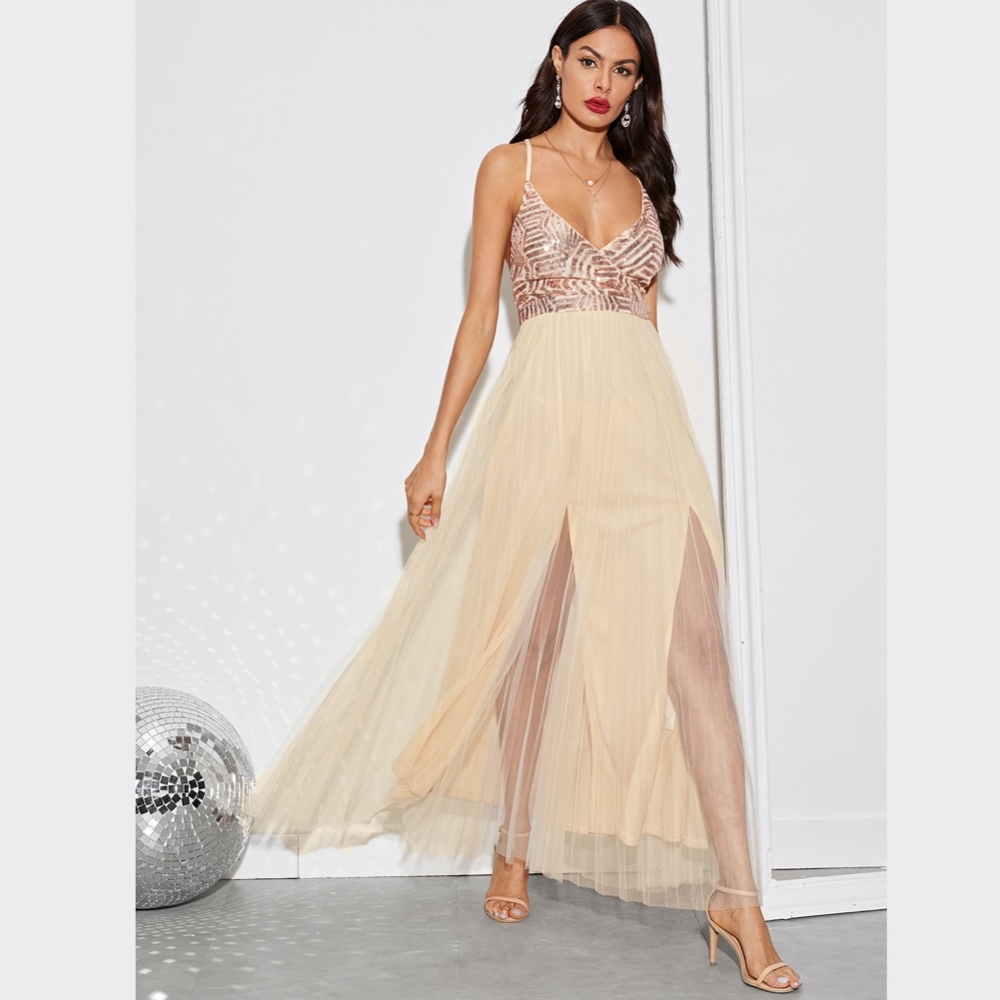 Sequin Detail Surplice V-Neck Mesh Slit Maxi Dress - Picture 6 of 8